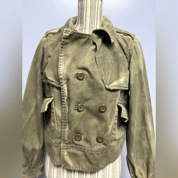 LONDON Jean Olive dyed distressed cropped double breasted utility Jacket size L - Picture 2 of 15